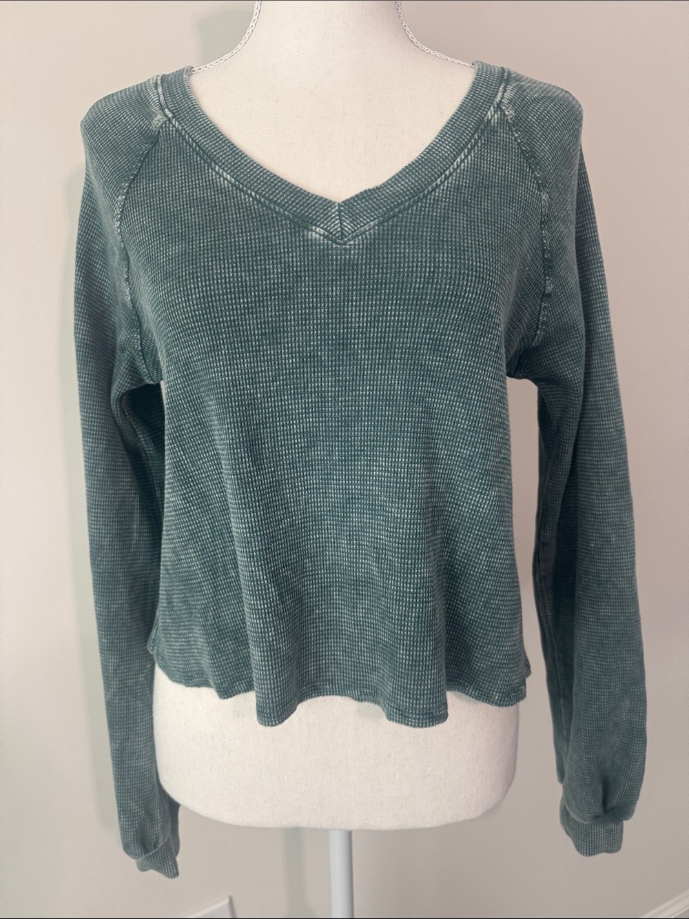 Altar'd State Green Washed Waffle Knit V-Neck Top Size XS